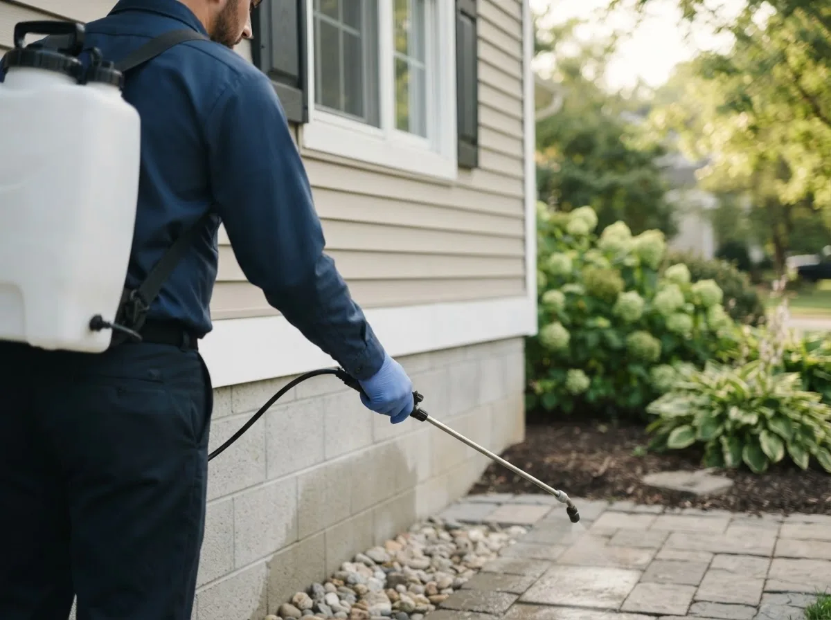 Pest control technician inspecting a home in Powellton, WV